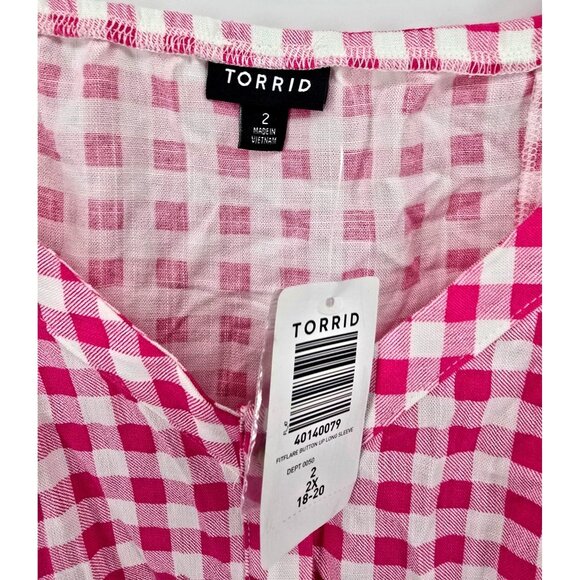 New Torrid Fit & Flare Button Up 3/4 Sleeve Pink Gingham Top Size 2X - Picture 3 of 11